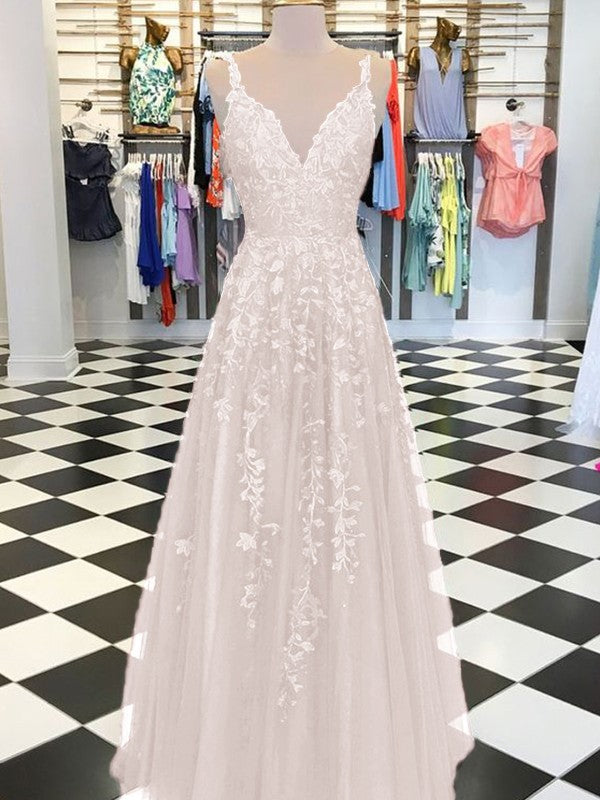 A-Line Sleeveless V-neck Floor-Length With Applique Tulle Prom Dress