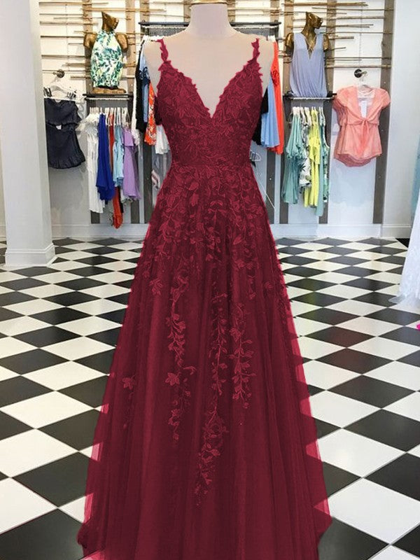 A-Line Sleeveless V-neck Floor-Length With Applique Tulle Prom Dress