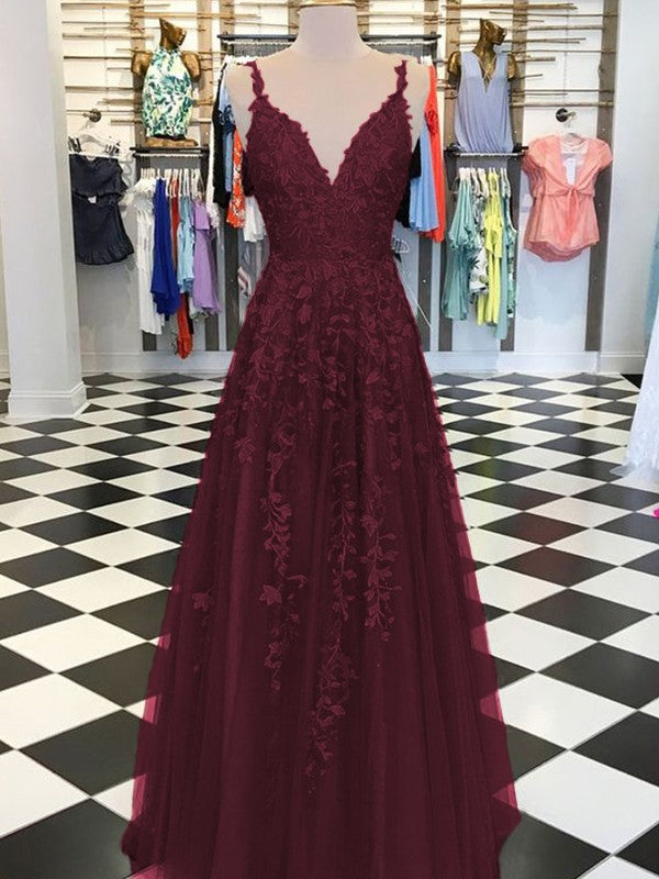 A-Line Sleeveless V-neck Floor-Length With Applique Tulle Prom Dress