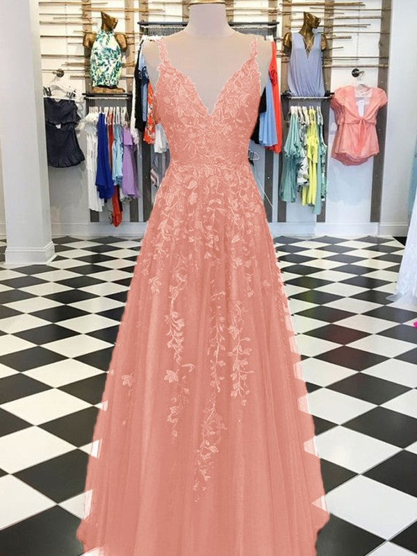 A-Line Sleeveless V-neck Floor-Length With Applique Tulle Prom Dress