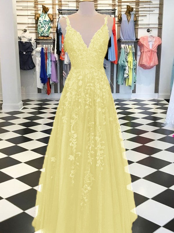 A-Line Sleeveless V-neck Floor-Length With Applique Tulle Prom Dress