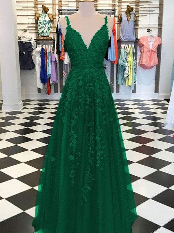 A-Line Sleeveless V-neck Floor-Length With Applique Tulle Prom Dress