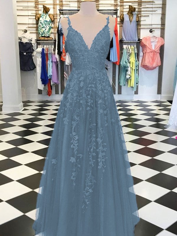 A-Line Sleeveless V-neck Floor-Length With Applique Tulle Prom Dress