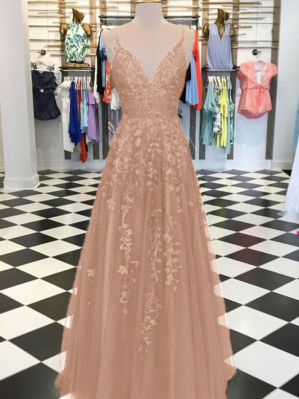 A-Line Sleeveless V-neck Floor-Length With Applique Tulle Prom Dress