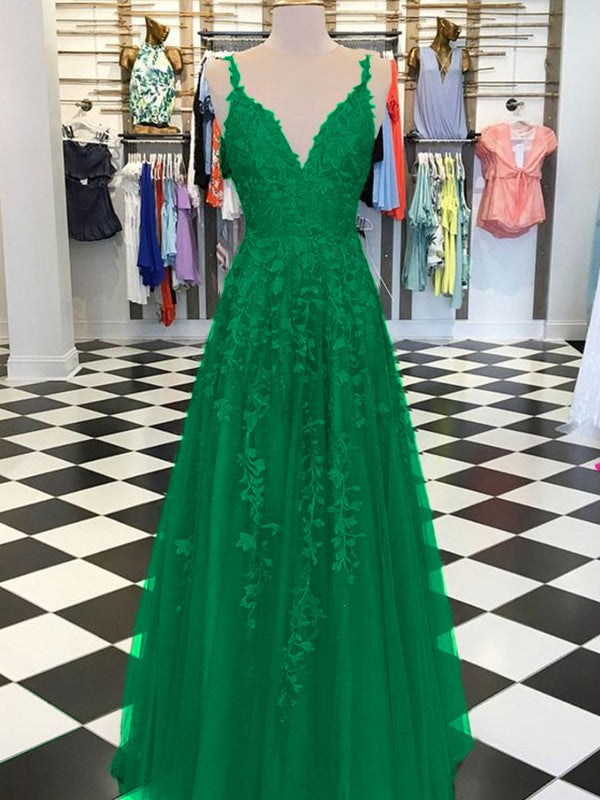 A-Line Sleeveless V-neck Floor-Length With Applique Tulle Prom Dress