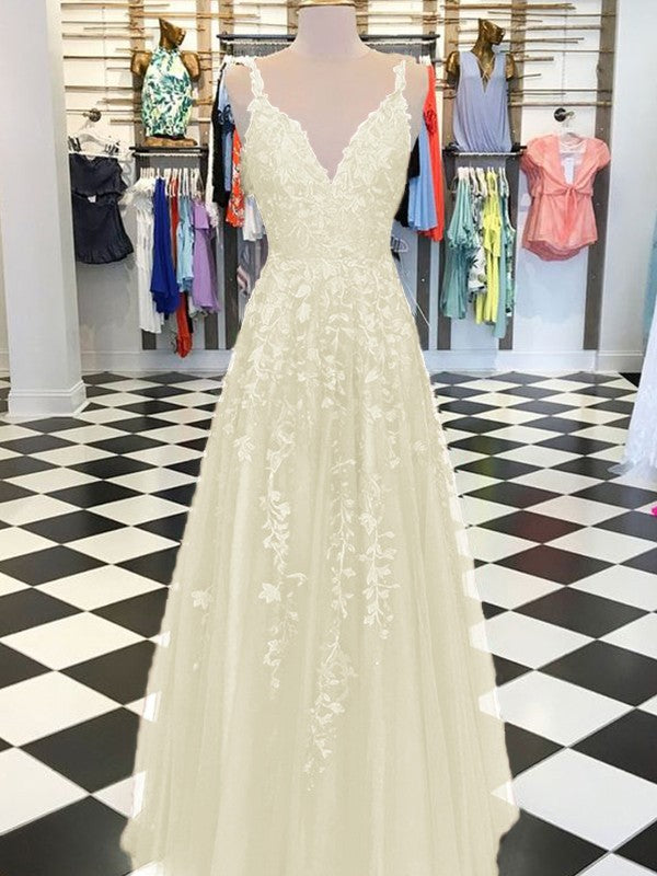 A-Line Sleeveless V-neck Floor-Length With Applique Tulle Prom Dress