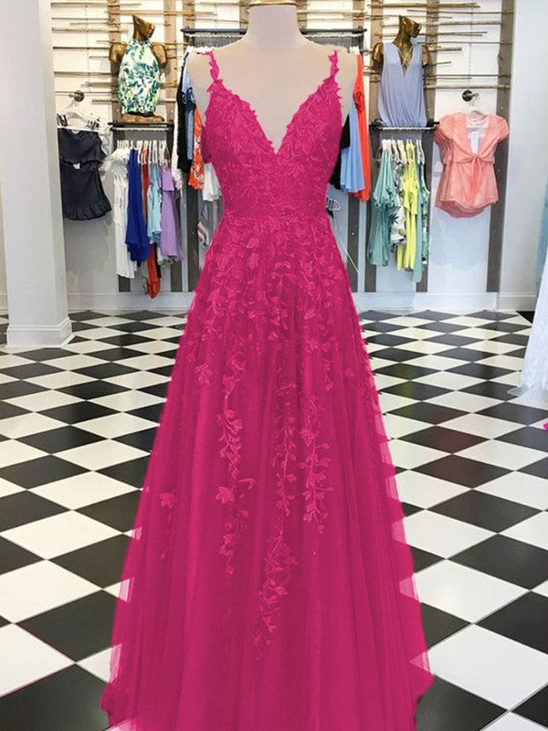 A-Line Sleeveless V-neck Floor-Length With Applique Tulle Prom Dress