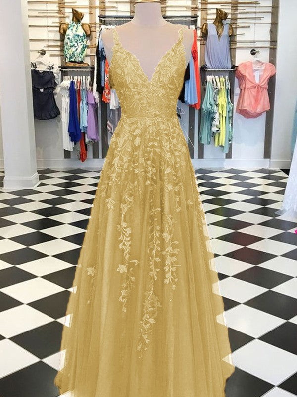A-Line Sleeveless V-neck Floor-Length With Applique Tulle Prom Dress