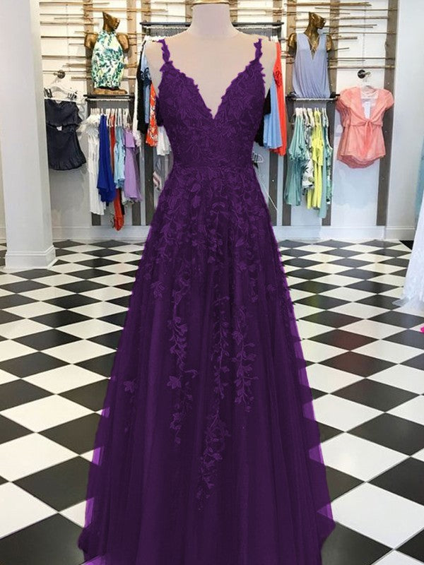 A-Line Sleeveless V-neck Floor-Length With Applique Tulle Prom Dress