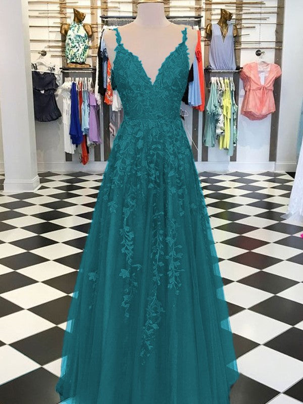 A-Line Sleeveless V-neck Floor-Length With Applique Tulle Prom Dress