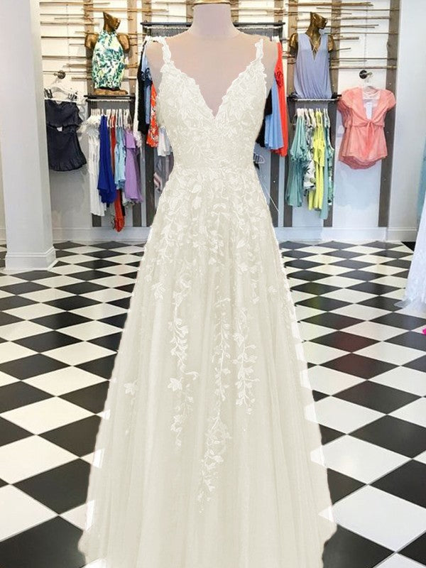 A-Line Sleeveless V-neck Floor-Length With Applique Tulle Prom Dress
