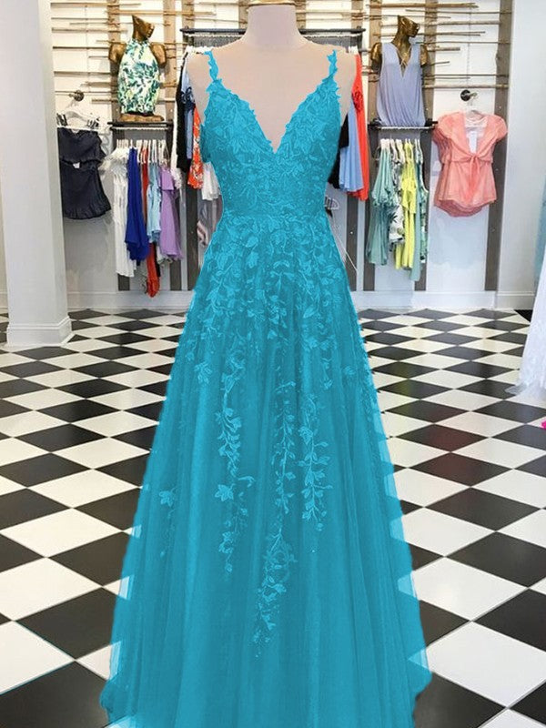 A-Line Sleeveless V-neck Floor-Length With Applique Tulle Prom Dress