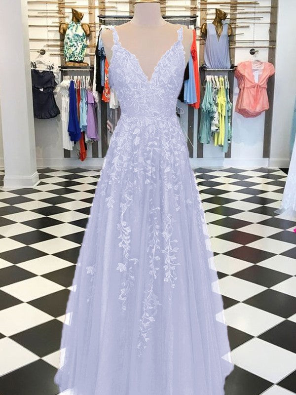 A-Line Sleeveless V-neck Floor-Length With Applique Tulle Prom Dress