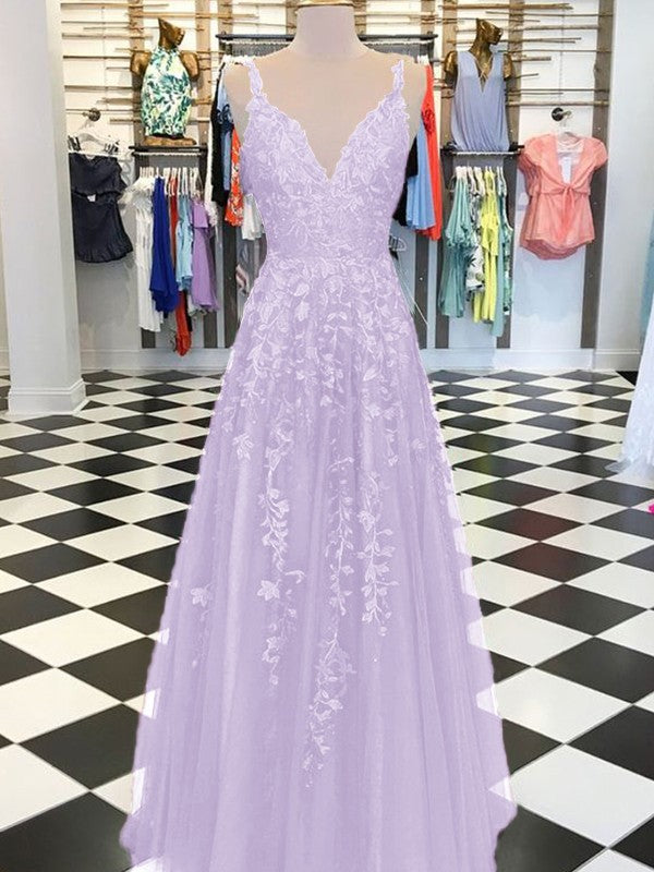 A-Line Sleeveless V-neck Floor-Length With Applique Tulle Prom Dress