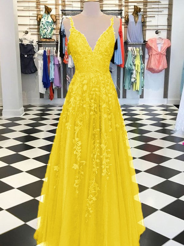 A-Line Sleeveless V-neck Floor-Length With Applique Tulle Prom Dress