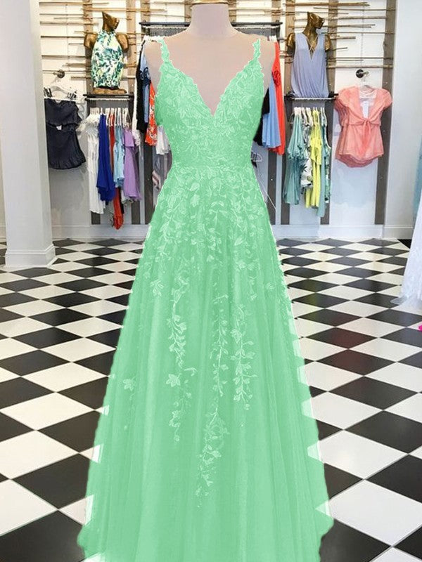 A-Line Sleeveless V-neck Floor-Length With Applique Tulle Prom Dress