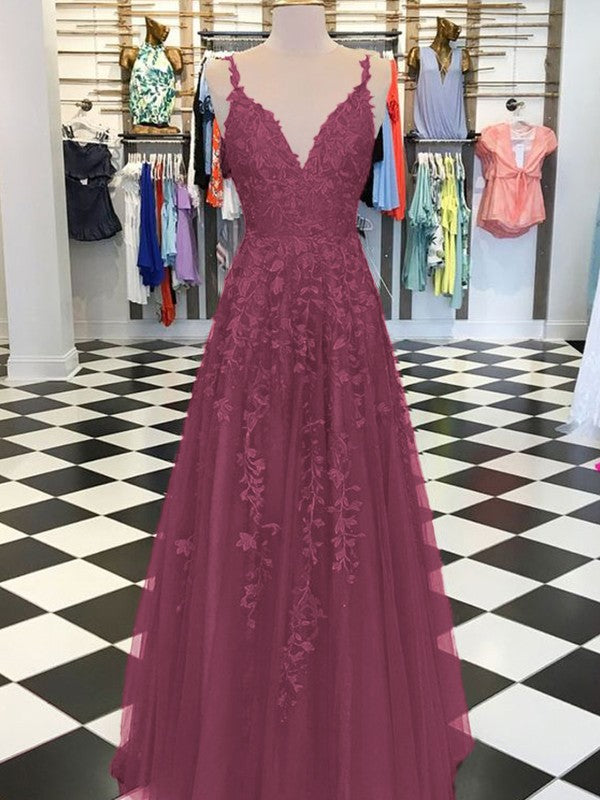 A-Line Sleeveless V-neck Floor-Length With Applique Tulle Prom Dress