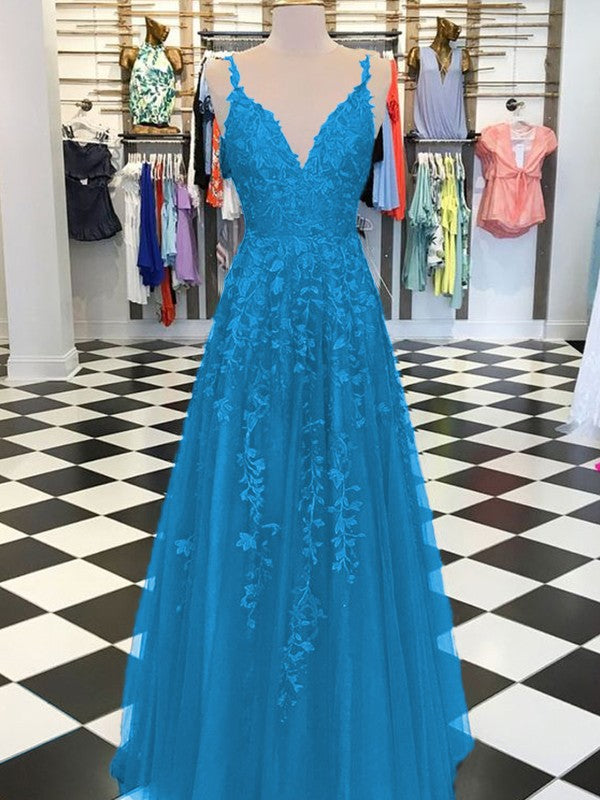A-Line Sleeveless V-neck Floor-Length With Applique Tulle Prom Dress