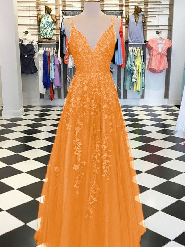 A-Line Sleeveless V-neck Floor-Length With Applique Tulle Prom Dress