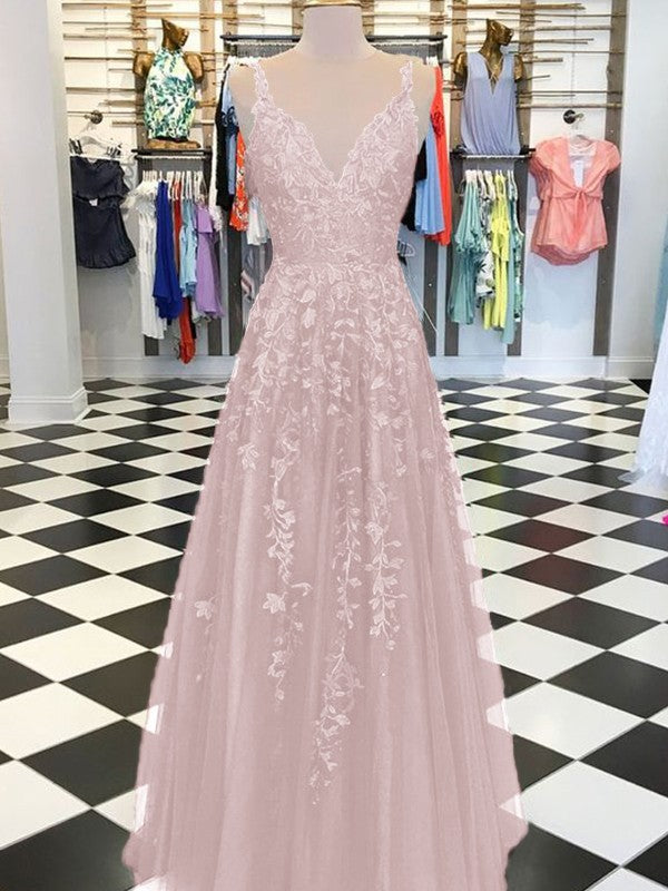 A-Line Sleeveless V-neck Floor-Length With Applique Tulle Prom Dress