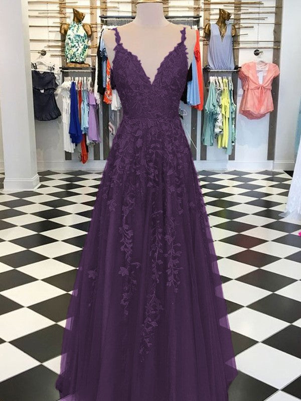 A-Line Sleeveless V-neck Floor-Length With Applique Tulle Prom Dress