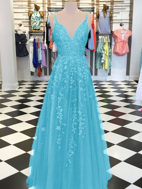 A-Line Sleeveless V-neck Floor-Length With Applique Tulle Prom Dress