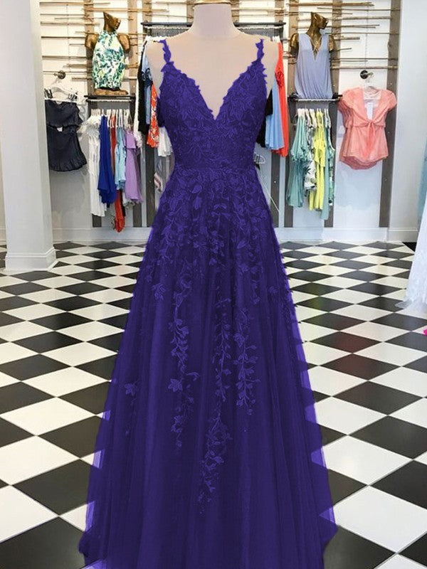 A-Line Sleeveless V-neck Floor-Length With Applique Tulle Prom Dress