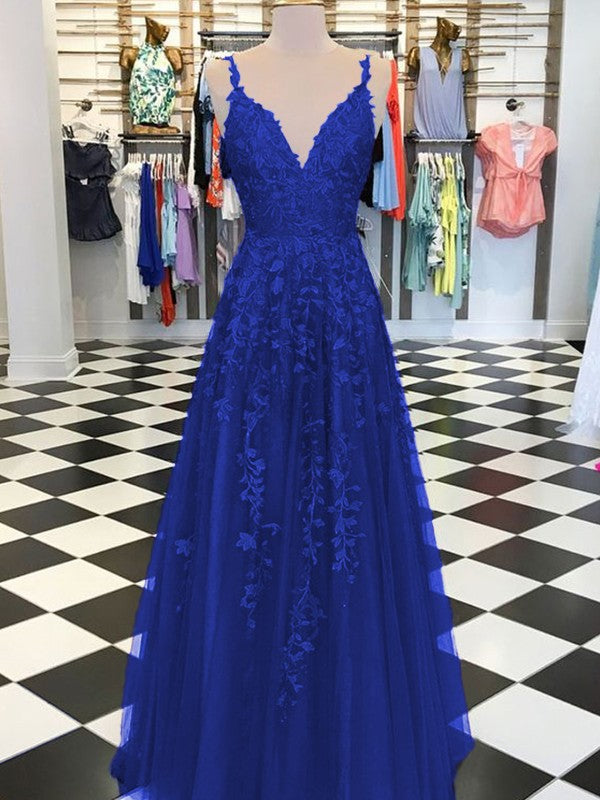 A-Line Sleeveless V-neck Floor-Length With Applique Tulle Prom Dress