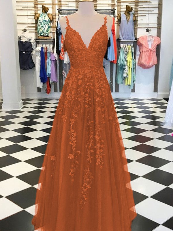 A-Line Sleeveless V-neck Floor-Length With Applique Tulle Prom Dress