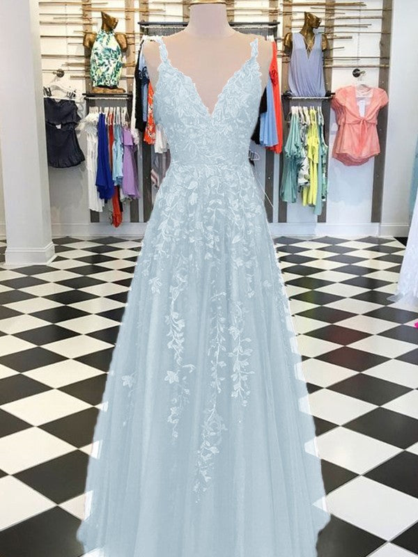 A-Line Sleeveless V-neck Floor-Length With Applique Tulle Prom Dress