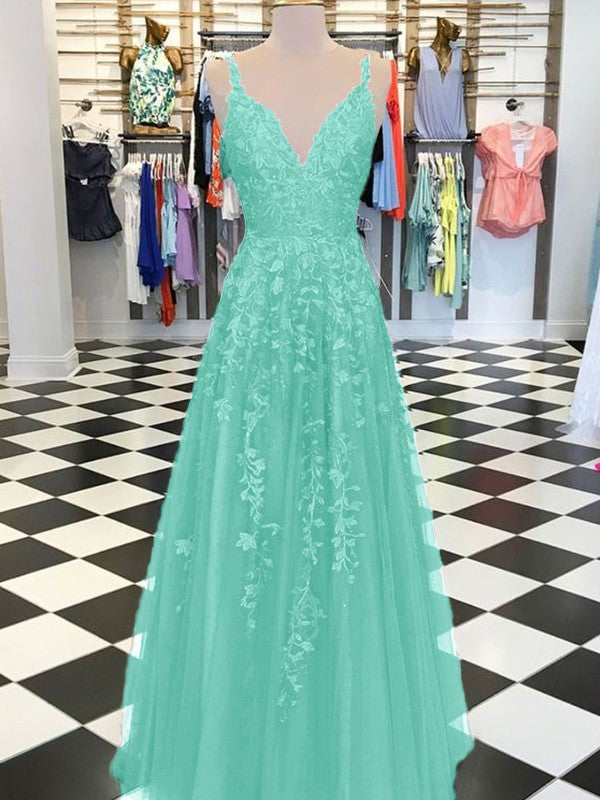 A-Line Sleeveless V-neck Floor-Length With Applique Tulle Prom Dress