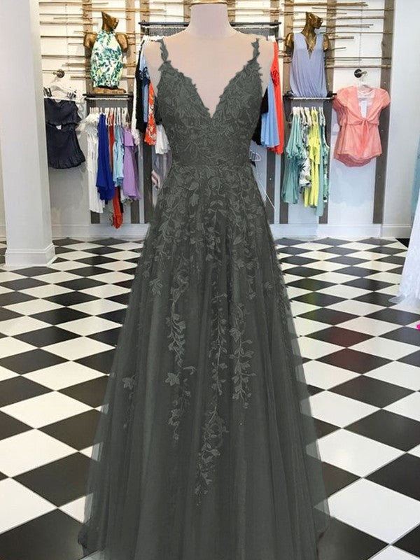 A-Line Sleeveless V-neck Floor-Length With Applique Tulle Prom Dress