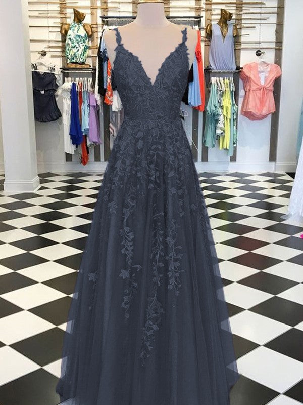 A-Line Sleeveless V-neck Floor-Length With Applique Tulle Prom Dress