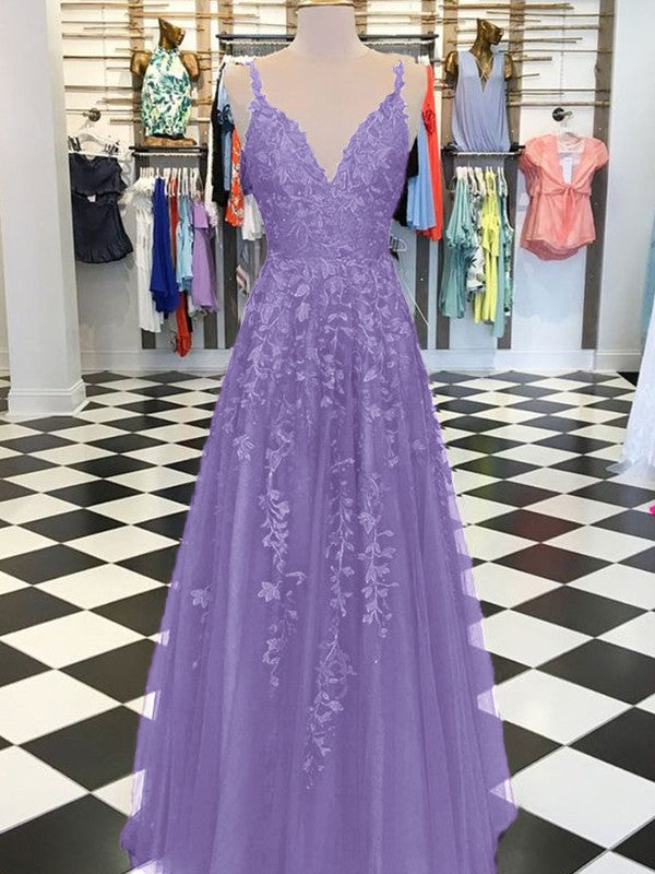 A-Line Sleeveless V-neck Floor-Length With Applique Tulle Prom Dress