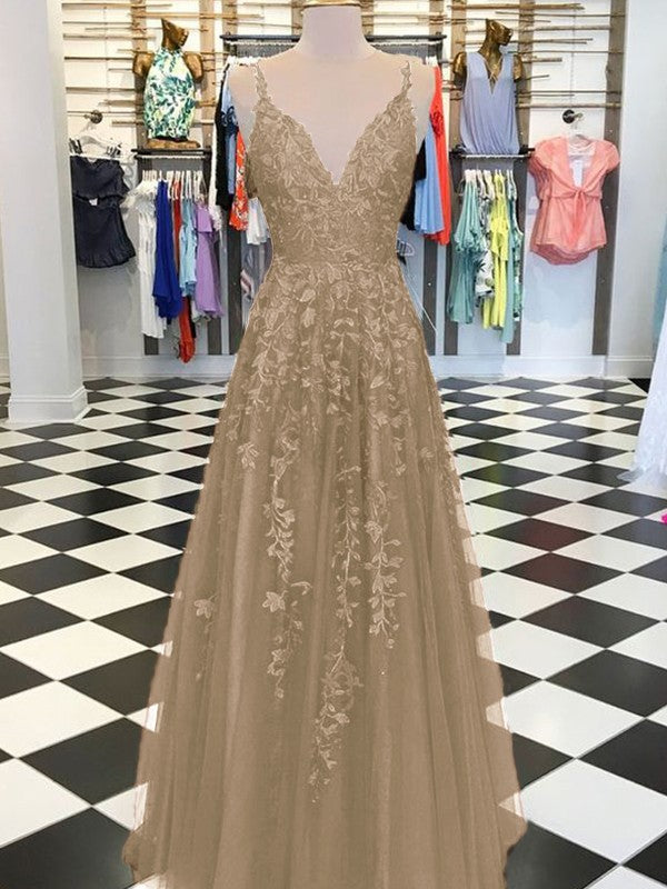 A-Line Sleeveless V-neck Floor-Length With Applique Tulle Prom Dress