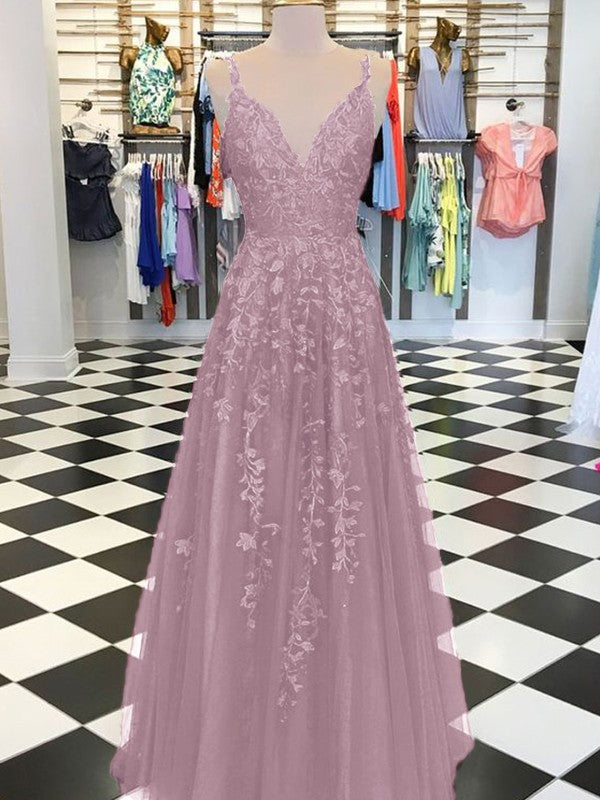 A-Line Sleeveless V-neck Floor-Length With Applique Tulle Prom Dress
