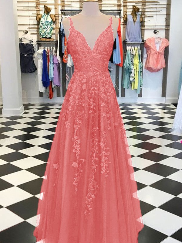 A-Line Sleeveless V-neck Floor-Length With Applique Tulle Prom Dress