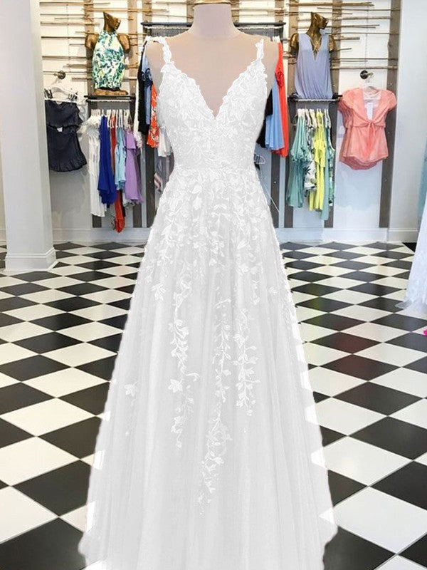 A-Line Sleeveless V-neck Floor-Length With Applique Tulle Prom Dress