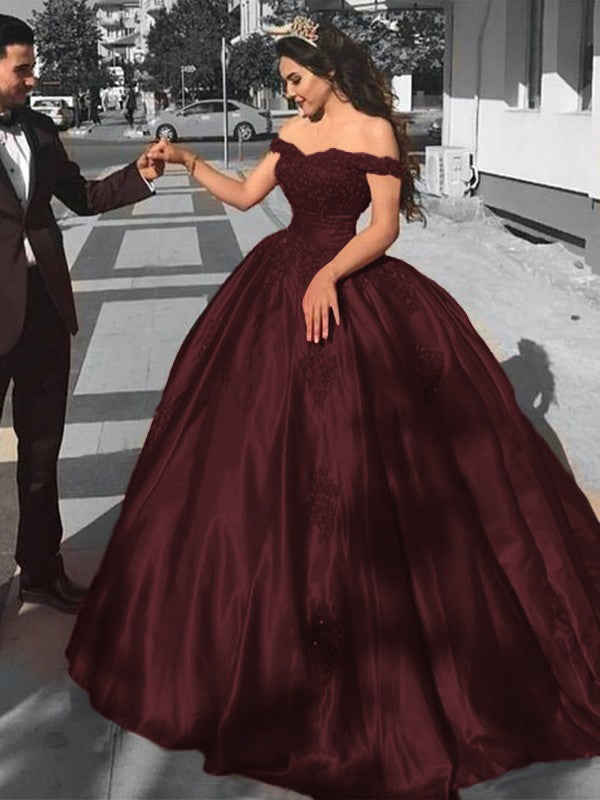 Ball Gown Sleeveless Off-the-Shoulder Sweep/Brush Train Satin Lace Prom Dress