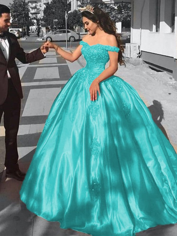 Ball Gown Sleeveless Off-the-Shoulder Sweep/Brush Train Satin Lace Prom Dress