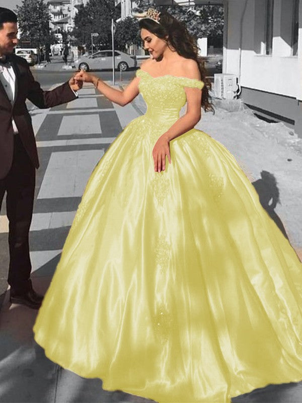 Ball Gown Sleeveless Off-the-Shoulder Sweep/Brush Train Satin Lace Prom Dress