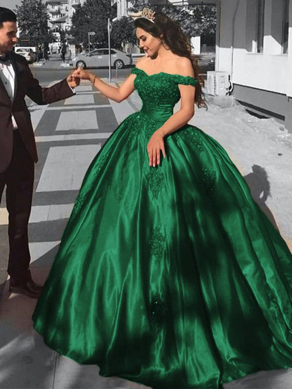 Ball Gown Sleeveless Off-the-Shoulder Sweep/Brush Train Satin Lace Prom Dress