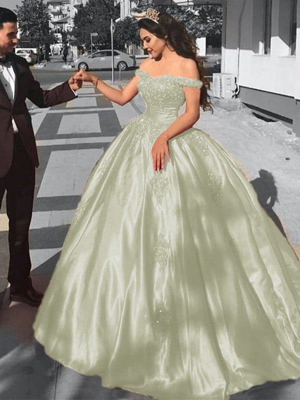 Ball Gown Sleeveless Off-the-Shoulder Sweep/Brush Train Satin Lace Prom Dress