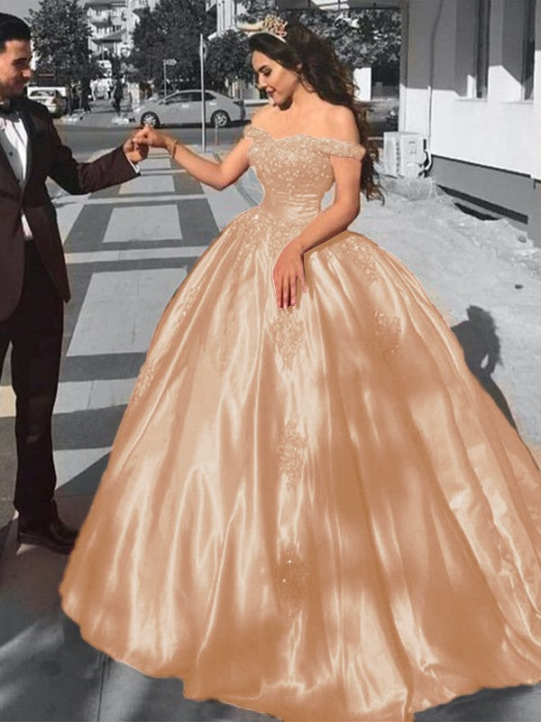 Ball Gown Sleeveless Off-the-Shoulder Sweep/Brush Train Satin Lace Prom Dress