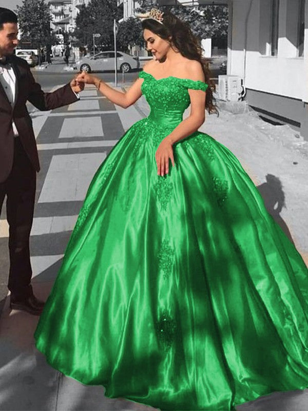 Ball Gown Sleeveless Off-the-Shoulder Sweep/Brush Train Satin Lace Prom Dress