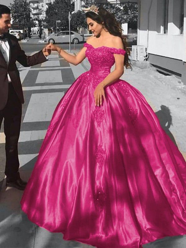 Ball Gown Sleeveless Off-the-Shoulder Sweep/Brush Train Satin Lace Prom Dress