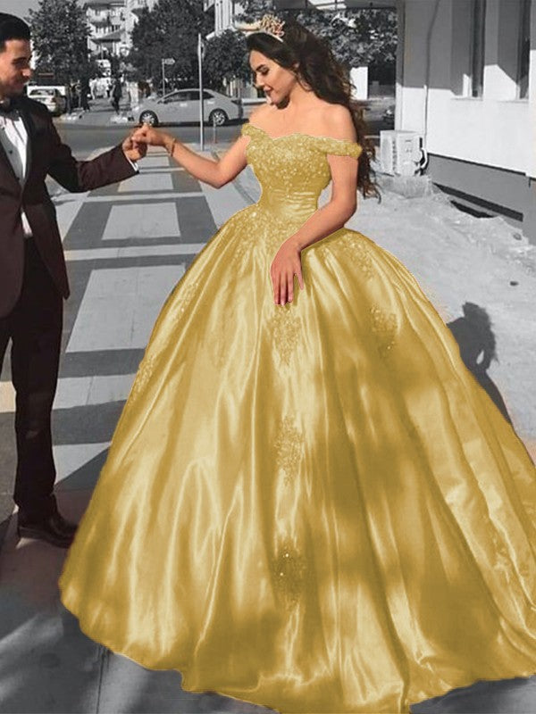 Ball Gown Sleeveless Off-the-Shoulder Sweep/Brush Train Satin Lace Prom Dress