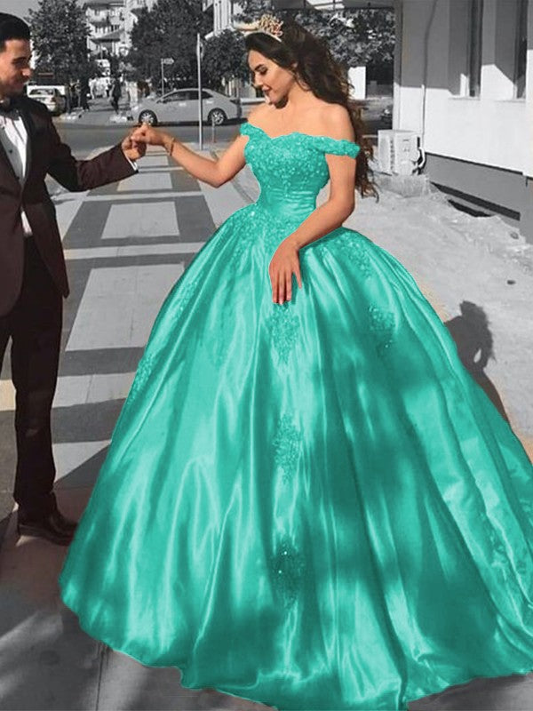 Ball Gown Sleeveless Off-the-Shoulder Sweep/Brush Train Satin Lace Prom Dress