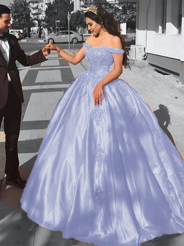 Ball Gown Sleeveless Off-the-Shoulder Sweep/Brush Train Satin Lace Prom Dress