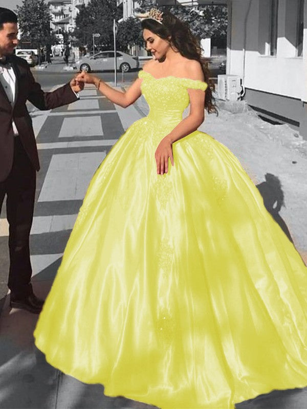 Ball Gown Sleeveless Off-the-Shoulder Sweep/Brush Train Satin Lace Prom Dress